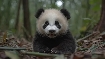 Obraz premium A panda cub playing in a bamboo forest, its soft black-and-white fur and playful antics providing a heartwarming glimpse into nature.