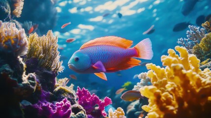 Naklejka premium A 4K video of a school of parrotfish swimming through a vibrant coral reef, their scales shimmering with every movement, surrounded by colorful marine life.