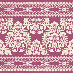 Elegant Damask Pattern  with Ornate Floral Motifs and Decorative Borders. seamless design features a sophisticated blend of vintage-inspired elements and modern aesthetics