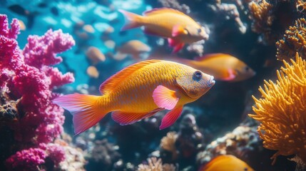 Fototapeta premium A 4K video of a school of parrotfish swimming through a vibrant coral reef, their scales shimmering with every movement, surrounded by colorful marine life.