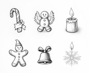 Fototapeta premium Hand-drawn festive icons featuring gingerbread man, candy cane, and candles.