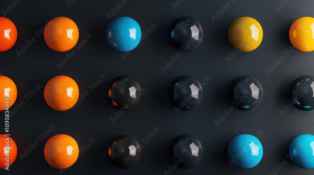 Poster dynamic display of vibrant gradient spheres against a black background minimalist design sharp edges