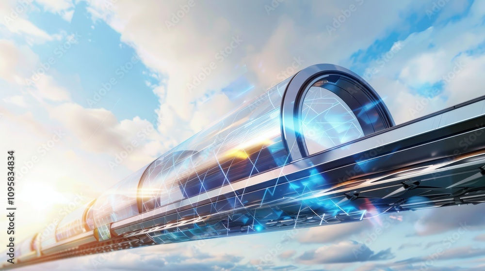 Poster innovative hyperloop transportation network featuring geometric interconnected tubes in soft pastel 