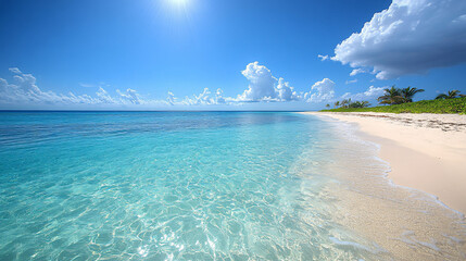 Pristine turquoise ocean water meets white sandy shores, ideal for summer vacation themes, beach events, or tropical getaway promotions.