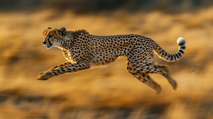 A cheetah sprinting across the savannah, its sleek, golden body a blur of motion against the dry, earthy tones of the grassland.