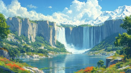 Serene Waterfall Landscape: Majestic Cliffs, Crystal Lake, and Snowy Peaks