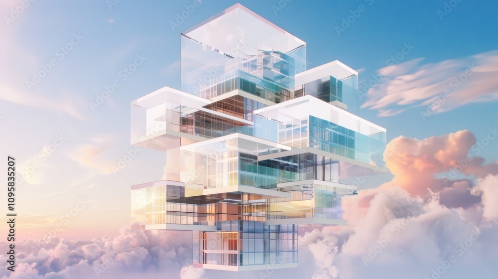 Poster exploring floating architectural geometry fragments in soft gradient colors virtual environment abst