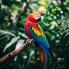 A tropical parrot perched on a branch, its feathers showcasing a rainbow of colors, with the dense green foliage of the jungle behind it.