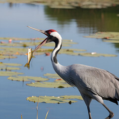 Fototapeta premium Great Blue Heron with freshly caught native brook trout in beak Generative AI