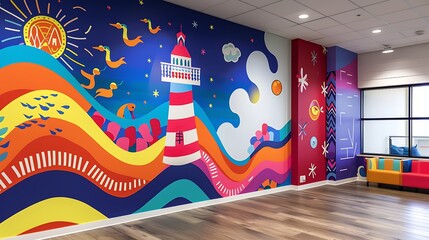 Colorful Mural Depicts Lighthouse and Birds in a Whimsical Seascape
