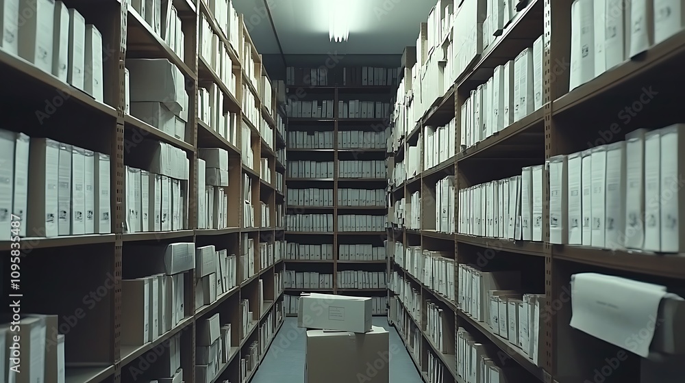 Poster a narrow aisle between shelves filled with neatly organized boxes and files in a storage area.