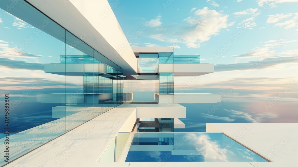 Poster exploring the merging of geometric terrain and abstract structures in a surreal architectural landsc