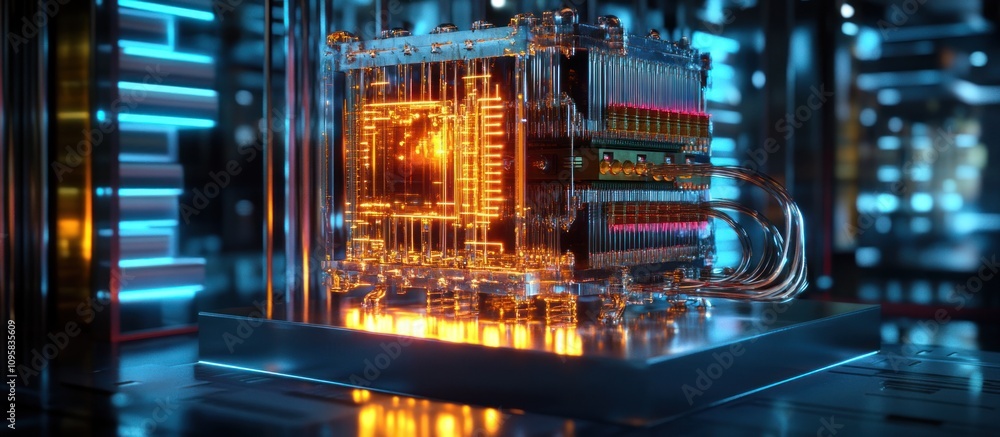 Poster futuristic transparent quantum computer glowing with orange light in a server room.