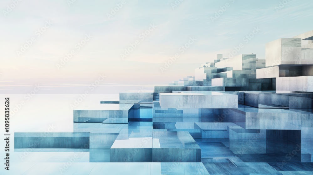 Poster exploring surreal architectural landscapes futuristic terrain digital art abstract structures soft t