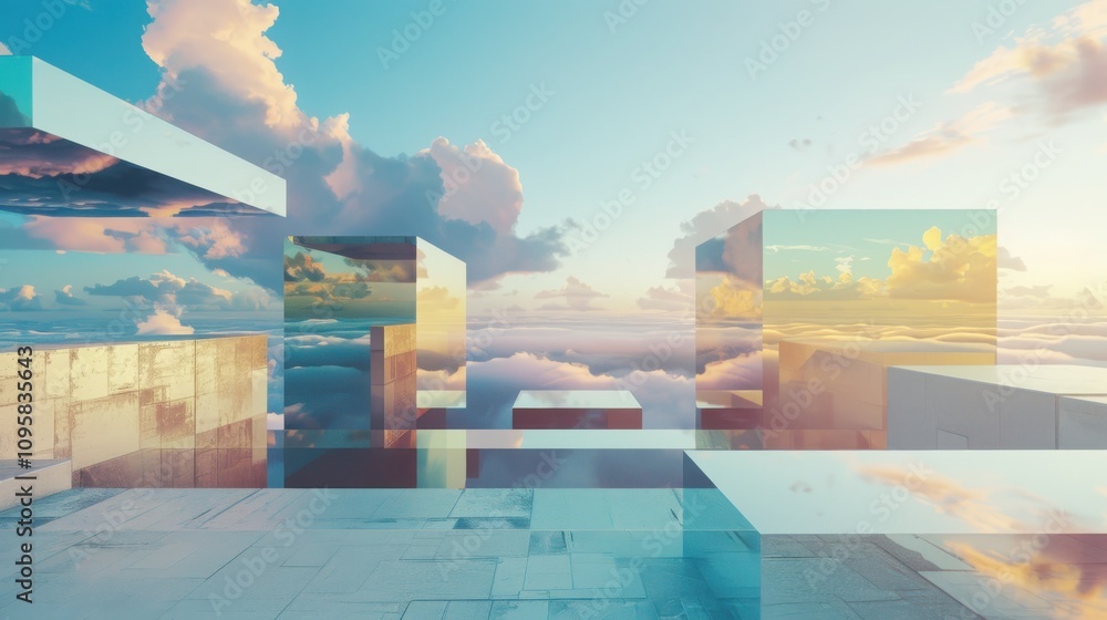 Poster exploring surreal architectural landscapes abstract terrain geometric structures futuristic environm