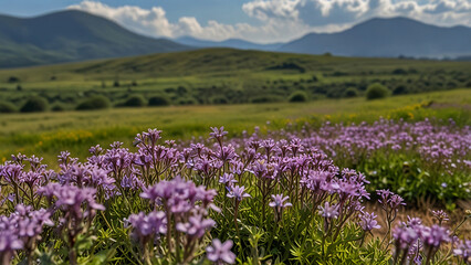Fototapeta premium A stretch of purple verbana flowers with a background of green savanna hills and a cloudy blue sky with bokeh background