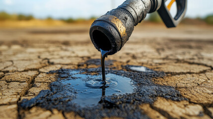 Dripping gas pump nozzle releasing black oil onto cracked, parched ground, highlighting environmental concerns and impact of fuel spills