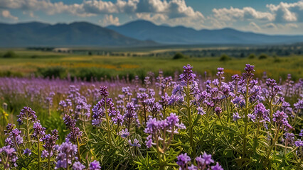 Fototapeta premium A stretch of purple verbana flowers with a background of green savanna hills and a cloudy blue sky with bokeh background