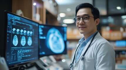 A doctor in Hanoi using AI to perform a non-invasive prenatal test, with results displayed on a screen, offering reassurance and guidance to the pregnant patient.