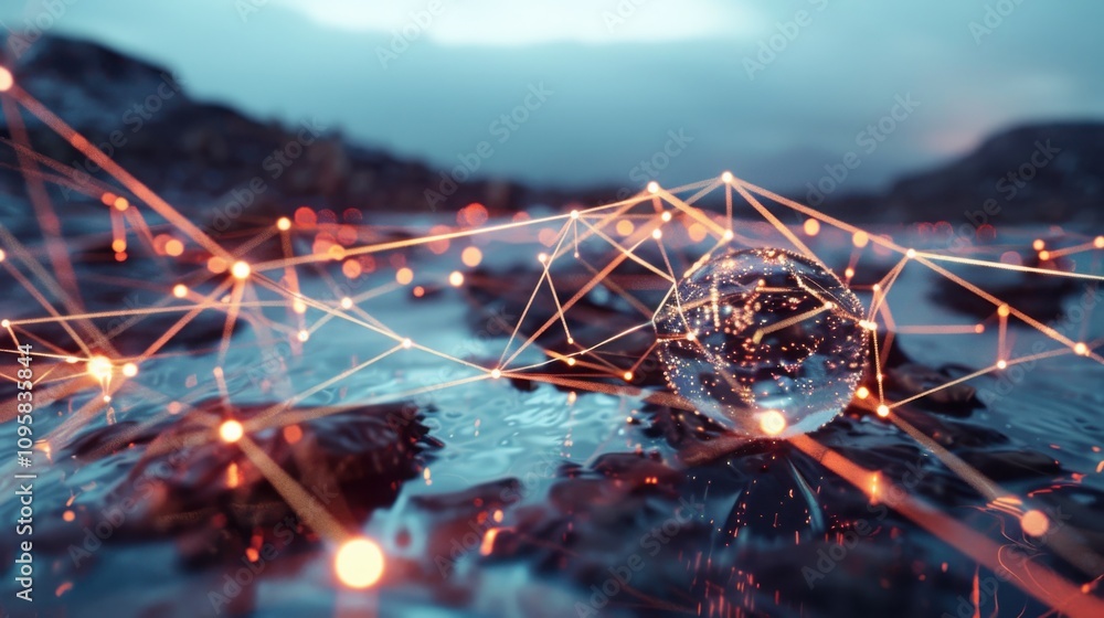 Poster visualizing the internet of things network interconnected smart data points in a minimal technologic