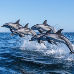 Fototapeta premium A dynamic image of a pod of dolphins leaping out of the ocean, their sleek bodies and playful expressions captured against the backdrop of a clear blue sky.