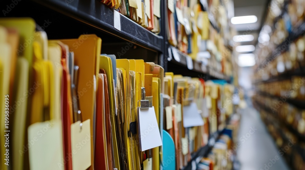 Poster rows of organized file folders in large archive room, showcasing efficient document storage and mana