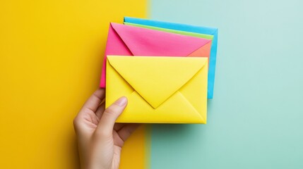 hand holds colorful envelopes against vibrant background, showcasing playful and creative arrangement. bright colors of envelopes contrast with dual toned backdrop, creating cheerful visual