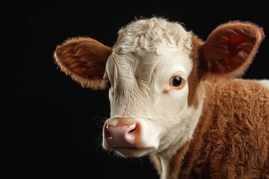 Mystic portrait of baby Hereford Cow in studio, copy space on right side, Headshot, Close-up View, isolated on black background