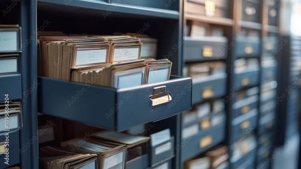 Poster close up of filing cabinet with open drawers filled with organized index cards, showcasing efficient