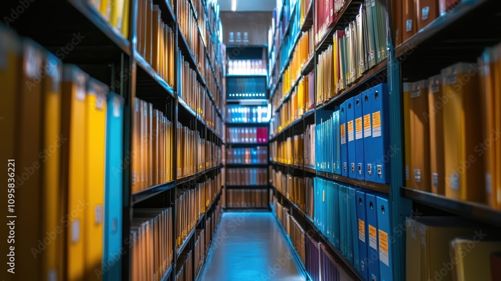 Poster well organized archive room with rows of colorful file folders on shelves, representing efficient di