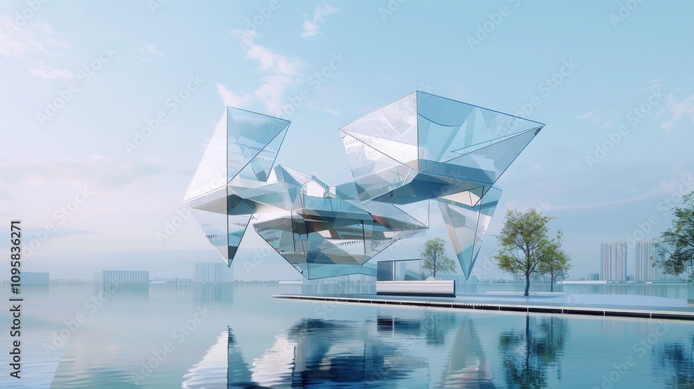 Aufkleber floating architectural complex with transparent digital interfaces urban waterfront visualization fu
