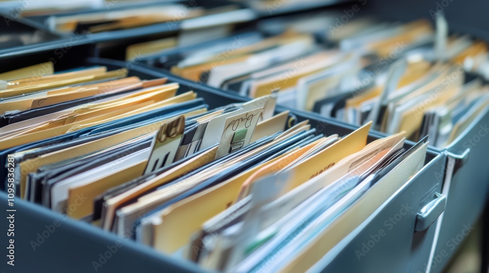 Poster organized filing cabinet with numerous documents and folders, showcasing efficient record management