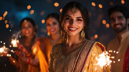 A group of friends dressed in traditional Indian attire, celebrating Diwali with sparklers under a sky lit by fireworks.