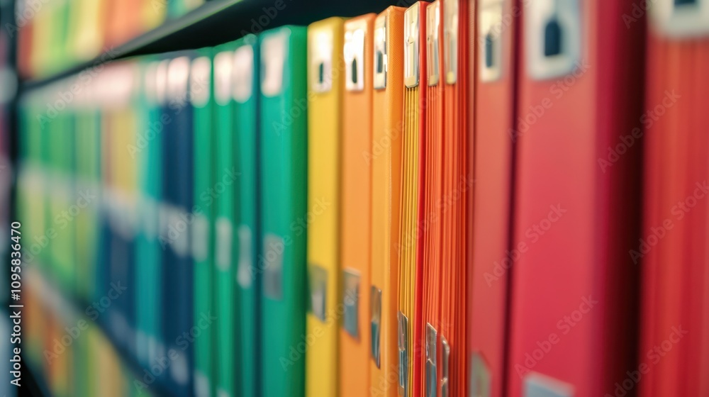 Poster colorful binders neatly arranged on shelf in office setting, showcasing organized and efficient fili