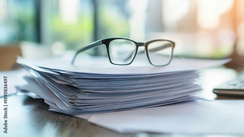 Poster pair of glasses rests on large stack of documents in sunlit office, symbolizing focus and productivi