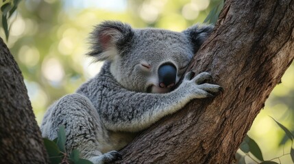 Naklejka premium A koala bear resting peacefully in a eucalyptus tree, its soft grey fur blending harmoniously with the natural surroundings.