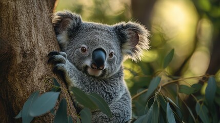 Fototapeta premium A koala bear resting peacefully in a eucalyptus tree, its soft grey fur blending harmoniously with the natural surroundings.