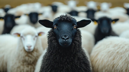Fototapeta premium black sheep with luxurious wool stands confidently among flock of white sheep, showcasing its unique appearance and character in serene rural setting