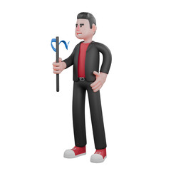 3D Cartoon Dance Performer. A male choreographer standing holding a twirling stick in his left hand with a happy expression. Choreographer Design