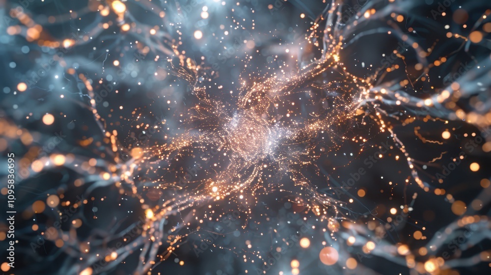 Poster visualizing machine learning data flow abstract neural network with interconnected luminescent nodes