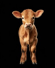 the baby Limousin Cow front view, white copy space on right, Isolated on black Background