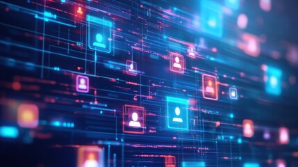 digital network of glowing icons representing user profiles and data connections, illustrating concept of online communication and information exchange in virtual space
