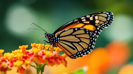 Fototapeta premium A monarch butterfly resting on a bright orange flower, its wings delicately patterned with black and white against the vivid background.