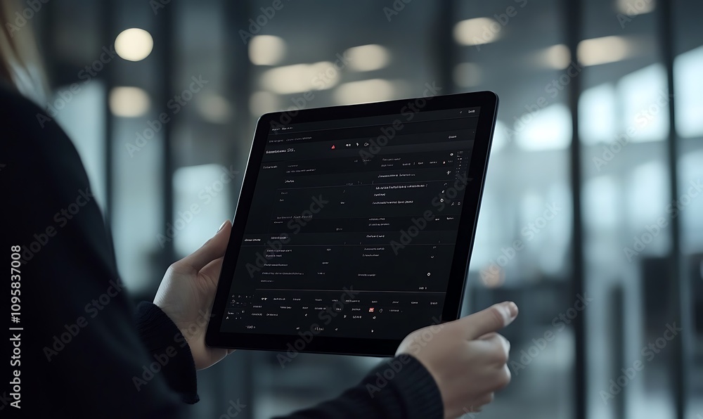 Poster a person holding a tablet displaying a dark-themed interface in a modern workspace.