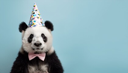 Obraz premium Creative animal concept.Panda in party cone hat necklace bowtie outfit isolated on solid pastel background advertisement, copy text space. birthday party invite invitation