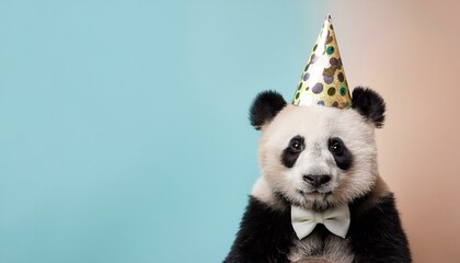 Fototapeta premium Creative animal concept.Panda in party cone hat necklace bowtie outfit isolated on solid pastel background advertisement, copy text space. birthday party invite invitation