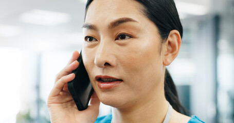 Asian woman, surgeon or phone call at hospital for healthcare service support or medical results in office. Mobile, nurse or talking to patient for consultation advice or appointment booking in Japan