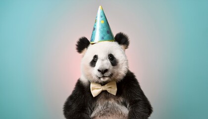 Obraz premium Creative animal concept.Panda in party cone hat necklace bowtie outfit isolated on solid pastel background advertisement, copy text space. birthday party invite invitation