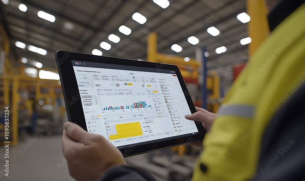 Poster a person using a tablet to analyze industrial data in a factory setting.