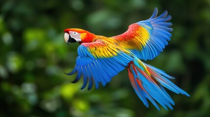 Obraz premium A pair of macaws soaring through a rainforest canopy, their wings spread wide, displaying brilliant hues of blue, red, and yellow.